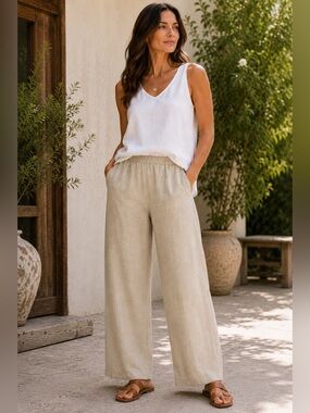 Eileen Fisher Khaki Relaxed Straight Leg Linen Blend Pull-On Pants EUC M #2599